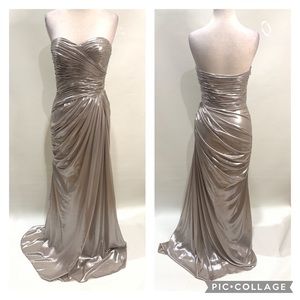Adrianna Papell Strapless Metallic Taupe Maxi Gown